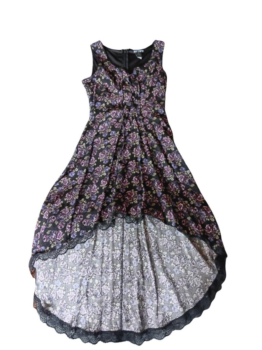 Hot Topic Black Purple Lace Up Floral and Lace Dress High Low XS